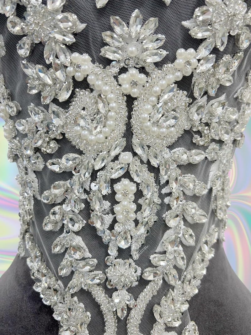 ArtistryXB Handmade Rhinestones Lace Bodice Applique Sew on Beads Sequins Trimming Patches for Dress Clothing Accessories 1Pcs/Bag (Silver) - Image 3